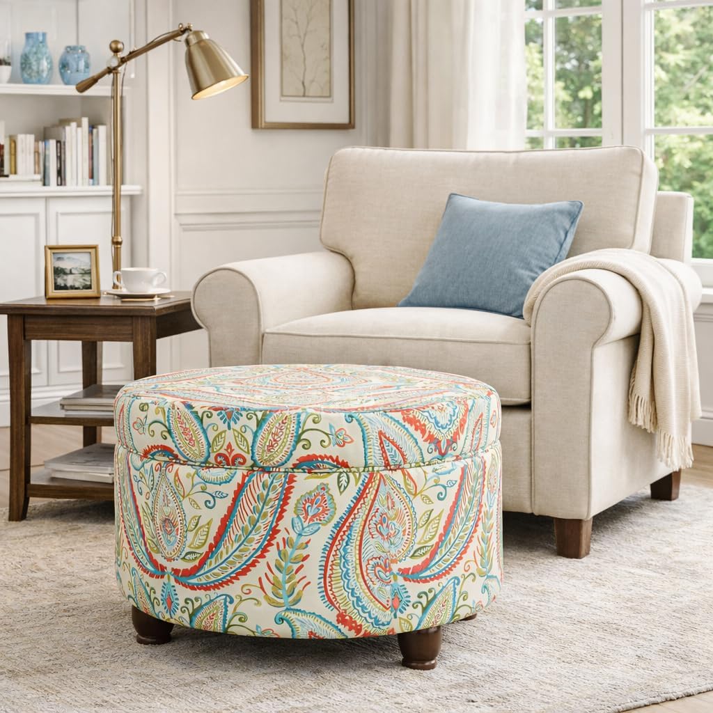 Home Decor | Upholstered Round Storage Ottoman | Ottoman with Storage , Bold Paisley Large