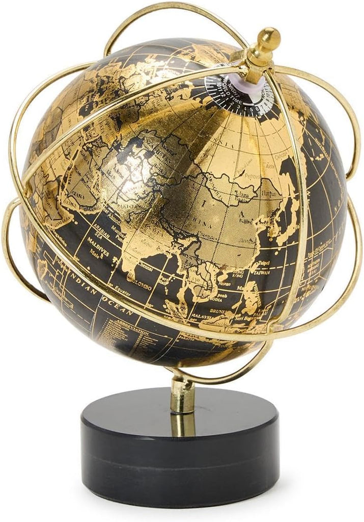 Around The World Foil Marble Base Globe, 8-inches Height, Black and Gold