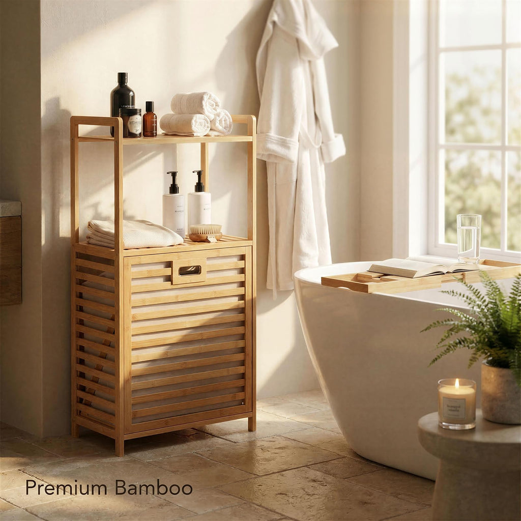 Tilt Out Laundry Hamper with Shelf - Bamboo Laundry Basket, Brown