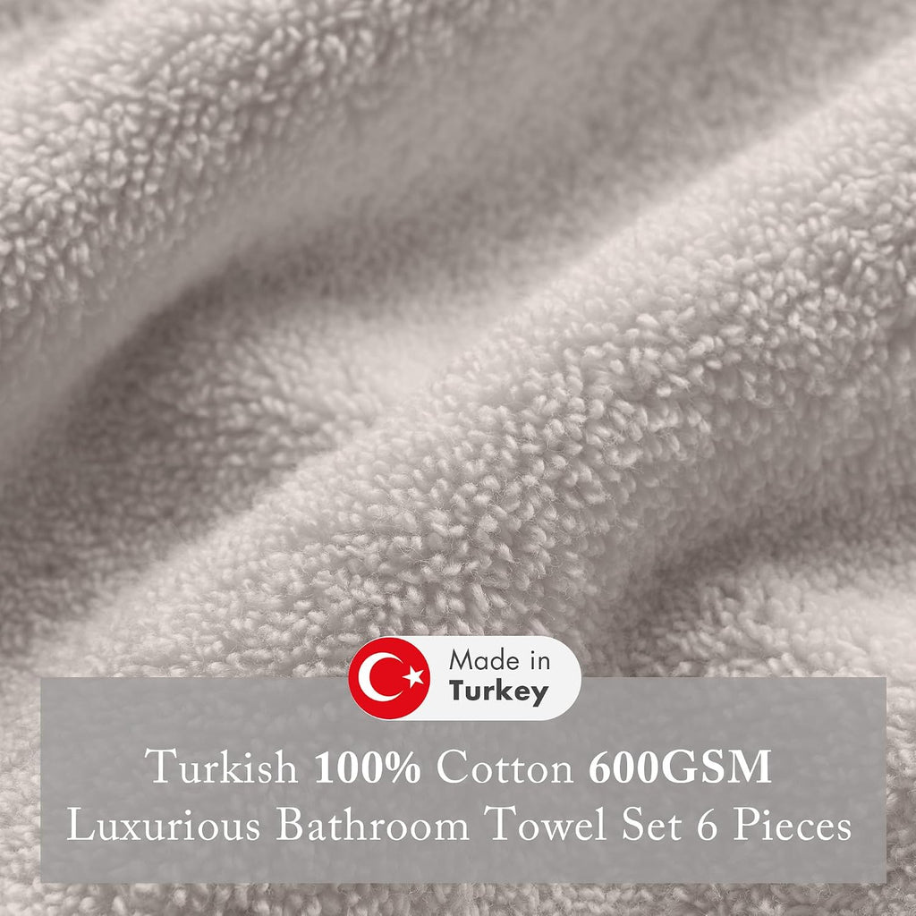 Park 100% Turkish Cotton 600 GSM Bath Towel Set, 6 Piece, Taupe | Low Twist Quick Dry Shower Towels , Luxury