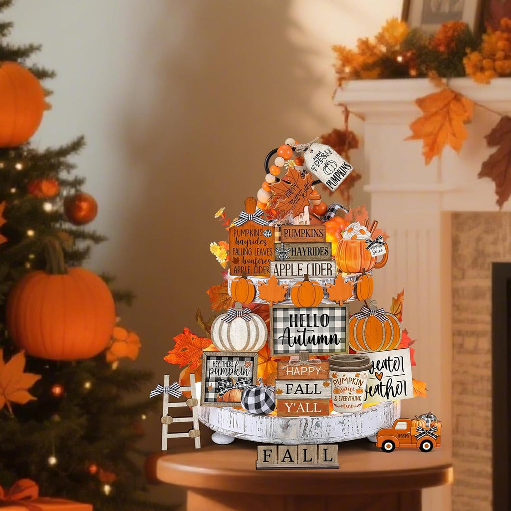 Fall Tiered Tray Decor Set Hello Autumn Table Sign Thanksgiving Farmhouse Pumpkins Maple Leaves Table - Set of 21