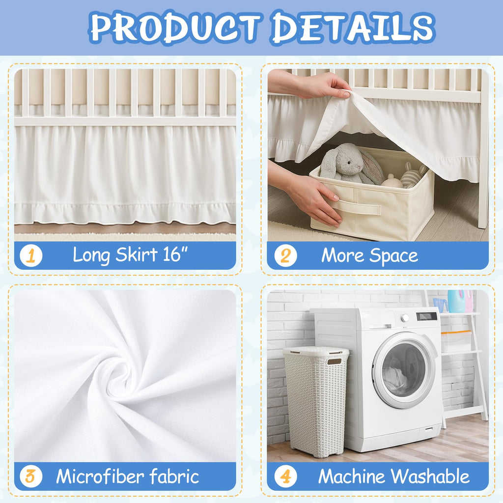 White Crib Skirt for Baby Girls Boys, 100% Washed Cotton Bed Skirt