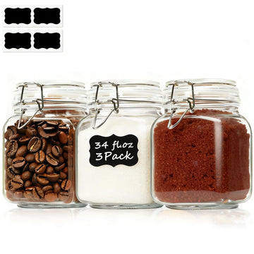 Square Glass Pantry Jars with Airtight Lids 34 oz 3 Pack Coffee