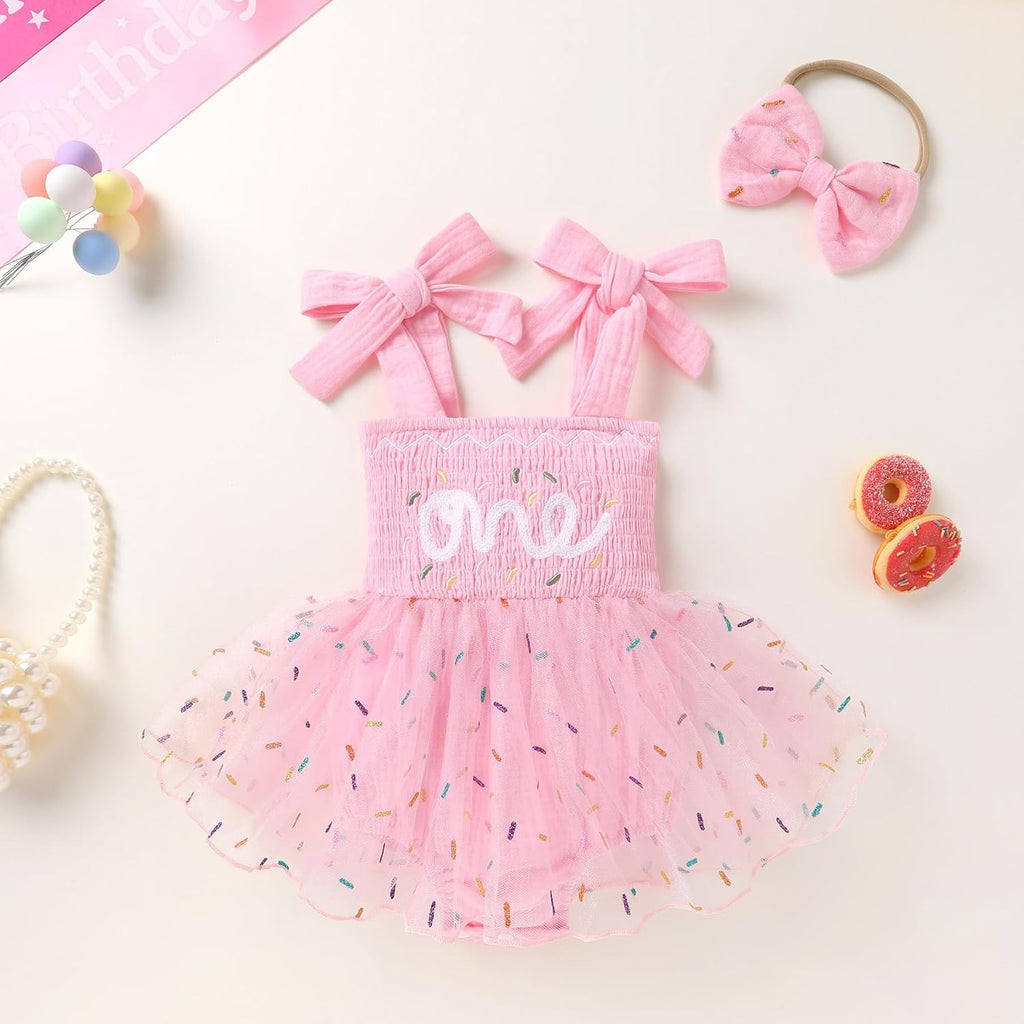 Baby Girl 1st Birthday Outfit Sleeveless One Year Old Romper Dress with Headband Cute Toddler Photo Clothes