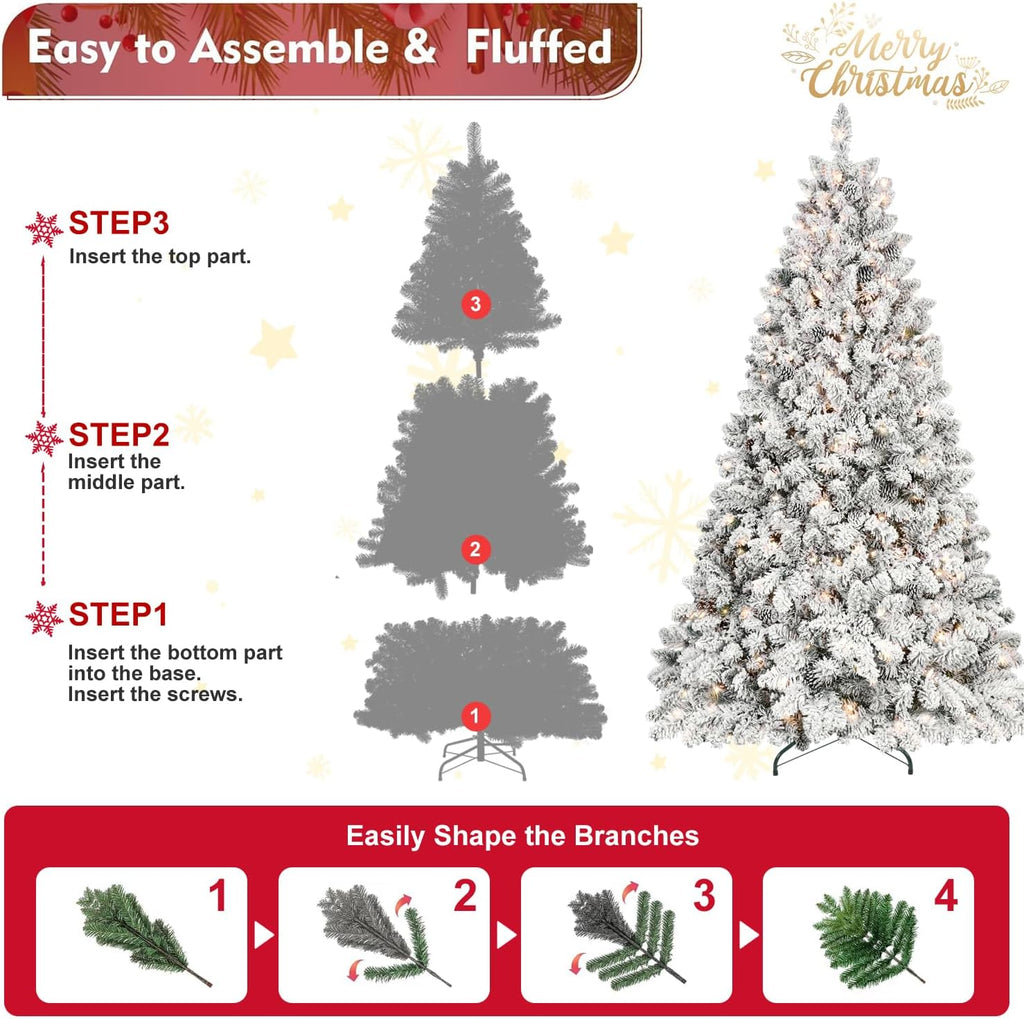 Prelit Artificial Christmas Tree with 300 UL Warm White Lighting, Snow Flocked and Fluffy PVC Branches