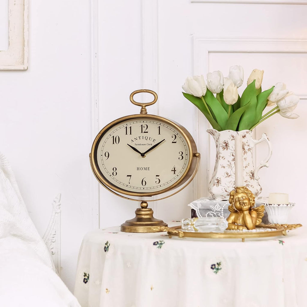 HOME Antique Table Clock, Gold Retro Desk Clock with Silent-Non-Ticking Battery Operated Rustic Desk Clock for