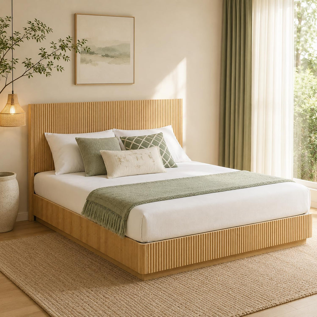 Queen Size Floor Platform Bed Frame with 44.5"h Fluted Headboard, Oak