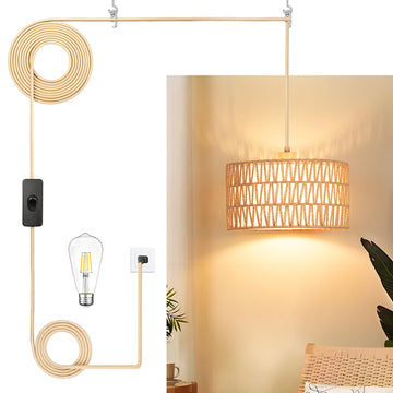 Boho Plug in Pendant Light, Handwoven Shade, 3 Way Bulb, 14ft Cord
