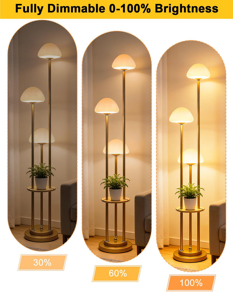 Gold Dimmable Floor Lamp with Table, Modern Floor Lamps with Mushroom Shades & Bulbs, 3000K Warm Lights Tall Standing