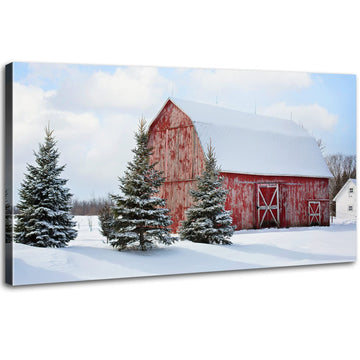 Winter Scene Wall Art Farmhouse Barn Picture Large Living Room Wall Decor Rustic Snowy Rural Landscape Photo Prints