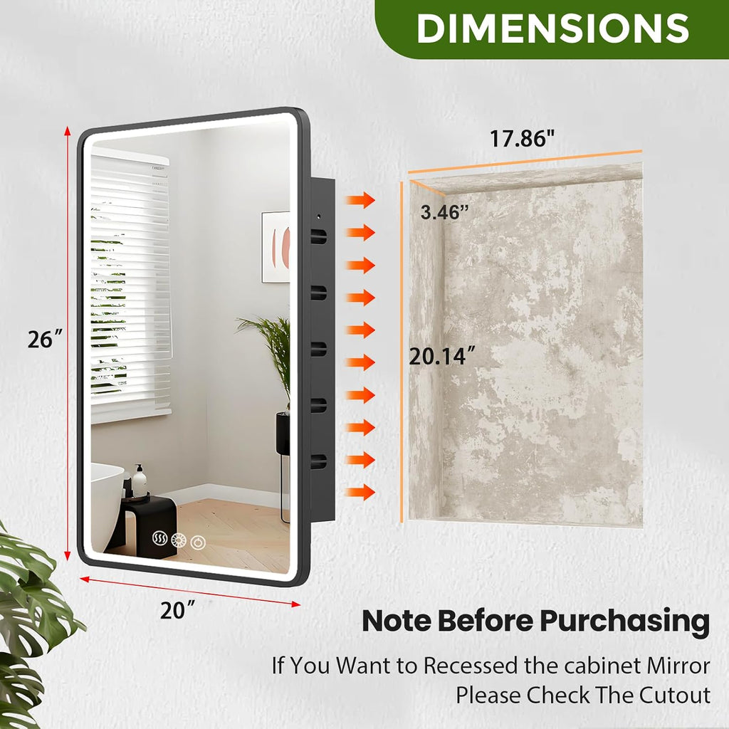 LED Medicine Cabinet Mirror 20x26 Inch, Recessed Medicine Cabinets with Lights, Anti-Fog Bathroom Mirror with