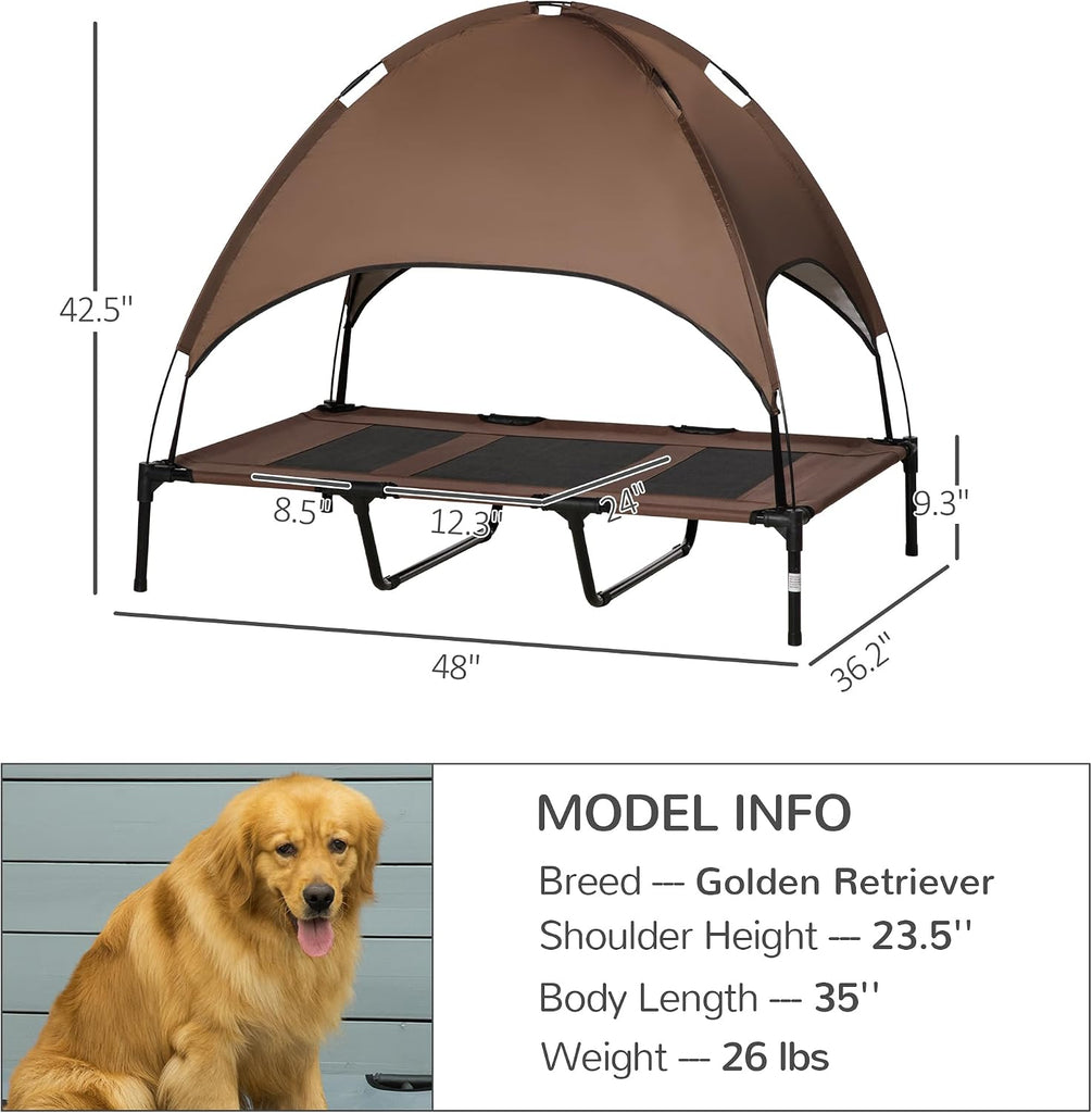Metal Pet Bed, Coffee, Elevated Dog Bed with Removable Canopy, Outdoor Dog Cot with UV Canopy Shade, 48 x 36.3 x 42.5