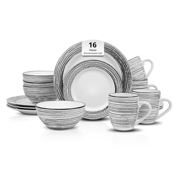 16 Piece Dinnerware Set, Ceramic Plates and Bowls Sets for 4, Microwave and Dishwasher Safe, Handcrafted Tree Bark