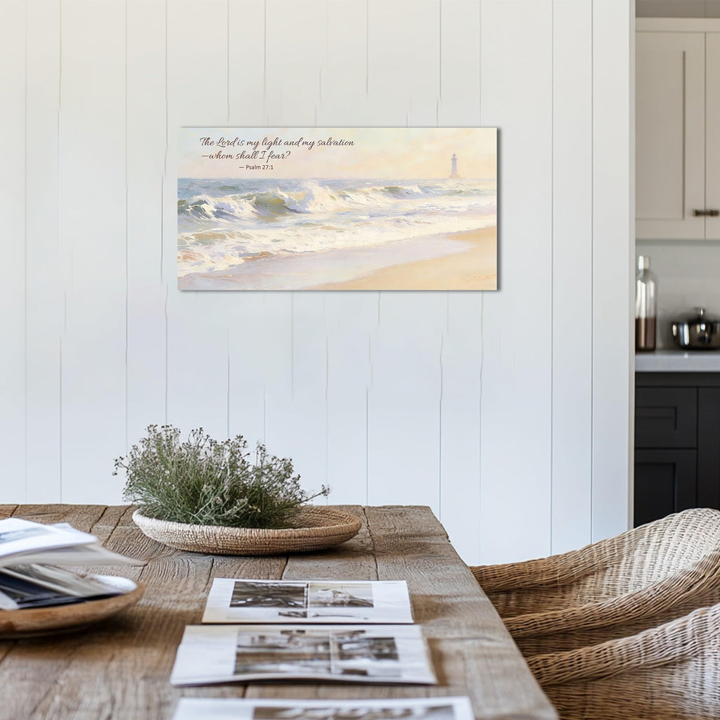 Christian Bible Verse Scripture Canvas Wall Art Ocean Waves Lighthouse Coastal Style Ready to Hang Gallery Wrapped