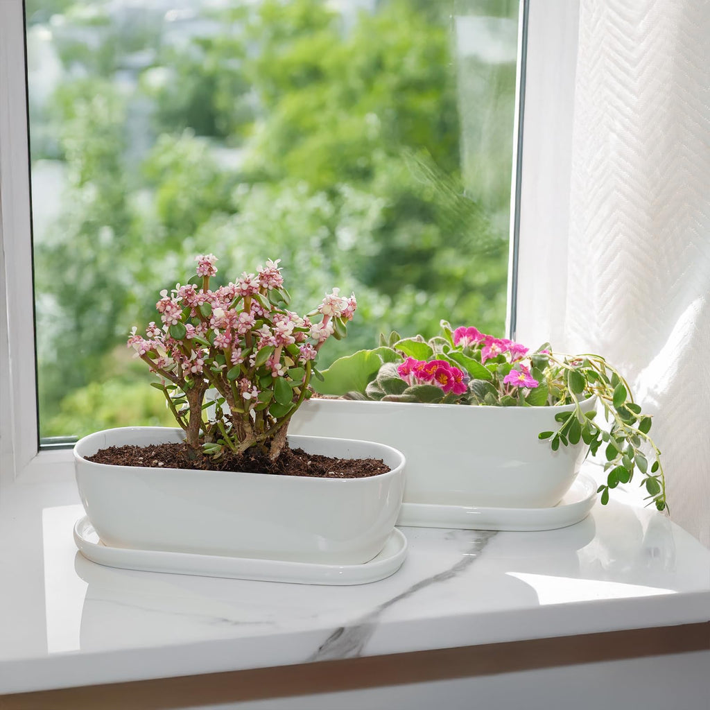 14 Inch Oval Ceramic Planter Pot with Drainage Hole Saucers