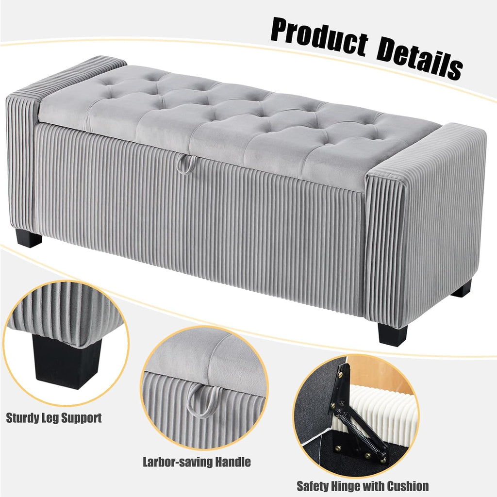 43 Inch Velvet End of Bed Storage Bench, Gray Ottoman with Storage | Storage Ottoman Bench, Safety Hinge, Holds 330