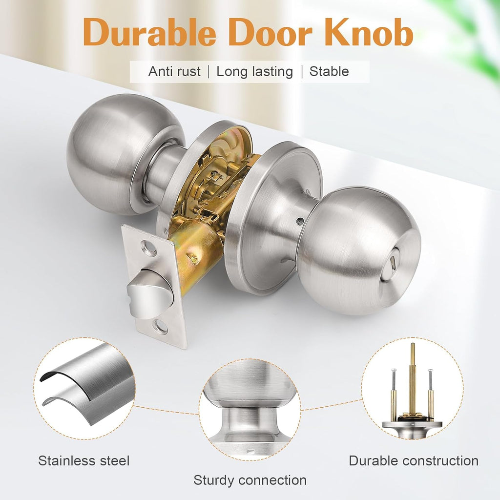 Privacy Interior Door Knobs Stainless Steel, Keyless Door Locks Bathroom, Brushed Nickel, 10 Pack
