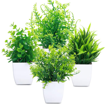 4 Pcs Fake Plants in White Pot Potted Small Artificial Plant