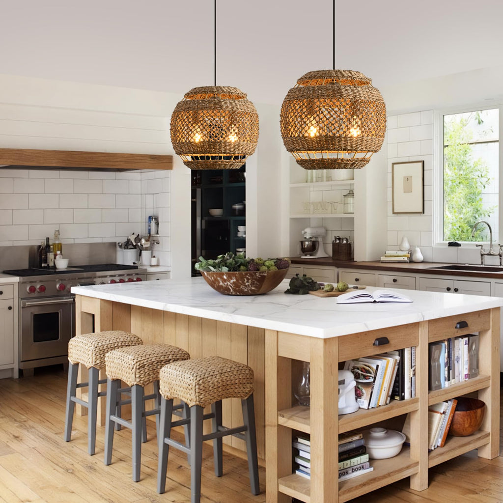 13.8" Woven Rattan Pendant Light, Wicker Hanging Light