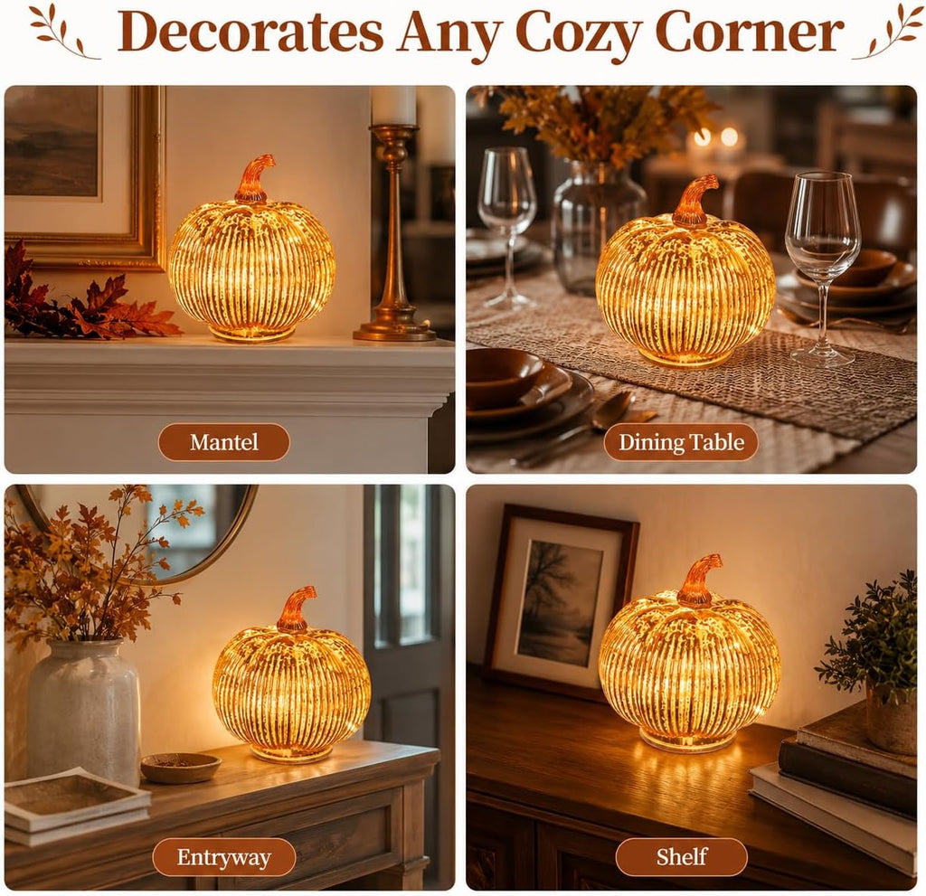 Gold Mercury Glass Pumpkin Light with 2 Lighting Modes and 6-Hour Timer, 5.5 x 6 Inch Battery Operated Fall Decor