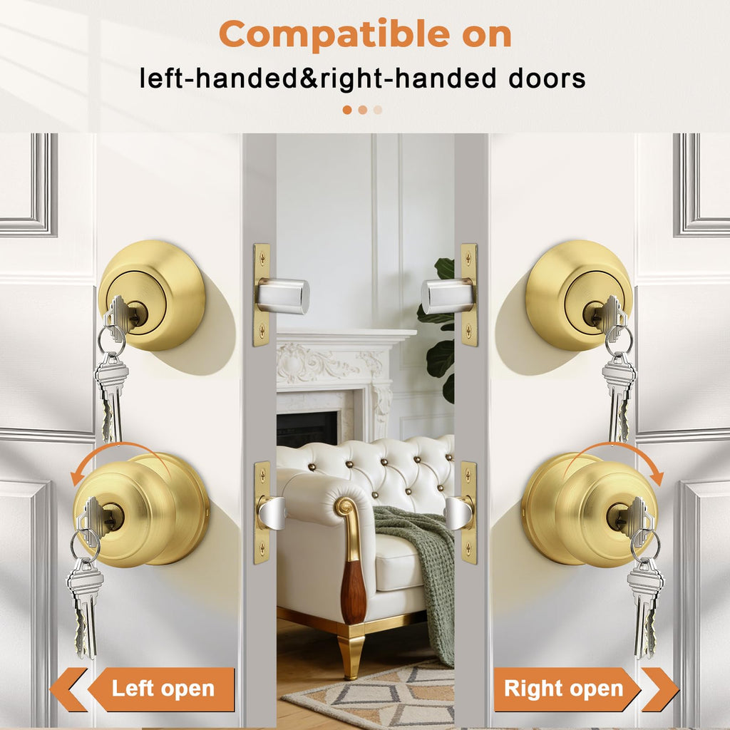 1 Pack Entry Door Knob Set, Gold, Single Cylinder Deadbolt
