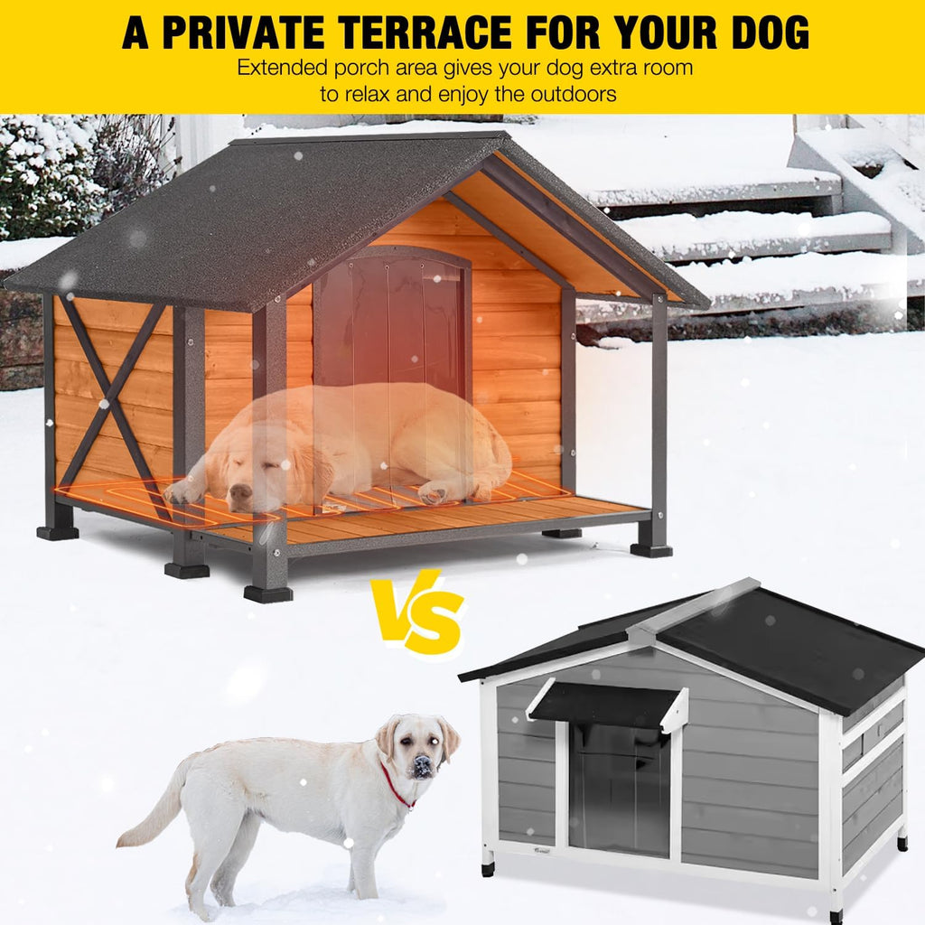 Heated Outdoor Dog House - Weatherproof Insulated Wooden Shelter with Iron Frame, Large Porch for Medium & Large