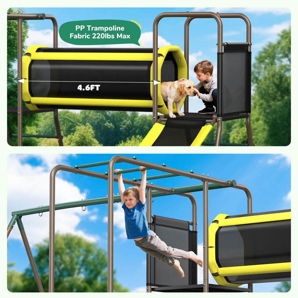 Swing Set with Slide, Crawl Tunnel and Monkey Bars for Backyard