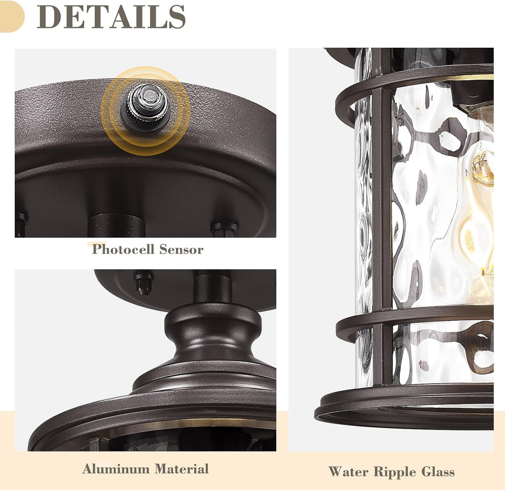 12.4" Outdoor Ceiling Light Flush Mount, Dusk to Dawn Semi Flush Light Fixture in Oil Rubbed Bronze Finish for