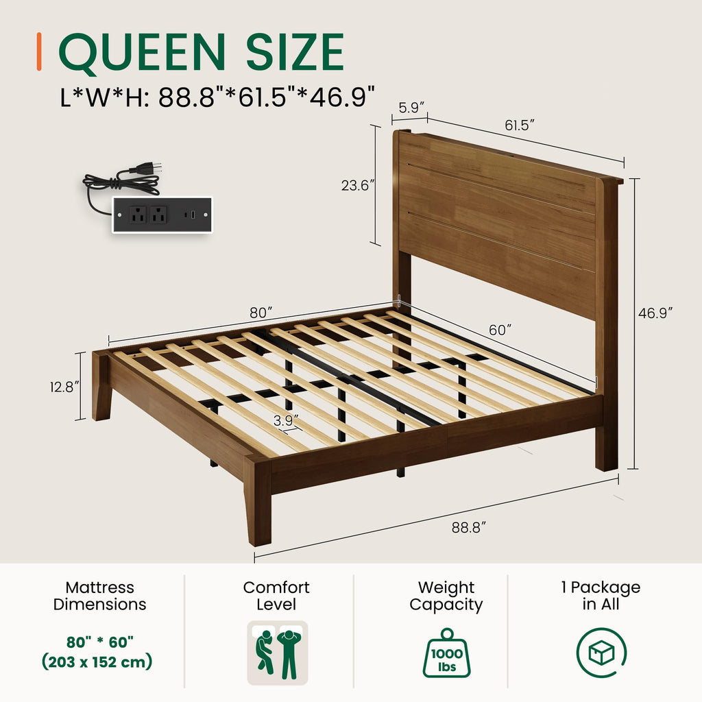 Queen Size Wood Platform Bed Frame with Mid-Century Modern Tall Headboard & Charging Station, Built-in Headboard