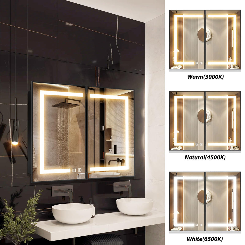 40x32 Inch Black Lighted Bathroom Medicine Cabinet with Mirror