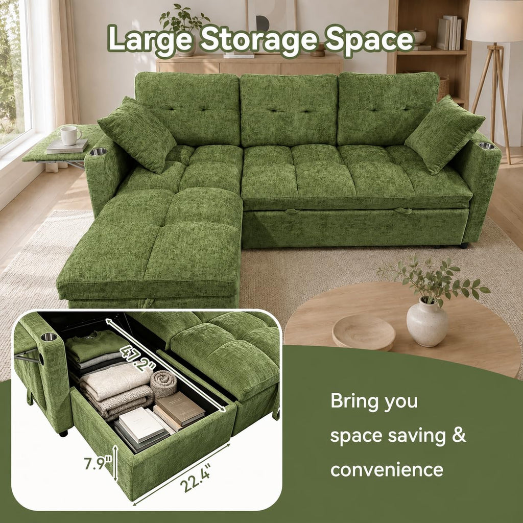 82" Sleeper Sectional Sofa, Comfy Convertible Sofa Bed with Pull Out Couches, Chenille L Shaped Couch with Reversible