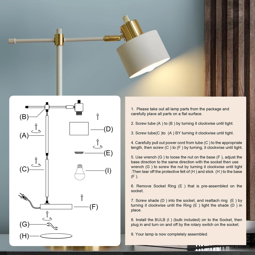 22.2" Modern Desk Lamp, Metal Table Lamp with LED Bulb, Adjustable Reading Lamps, Mid Century Nightstand Lamp