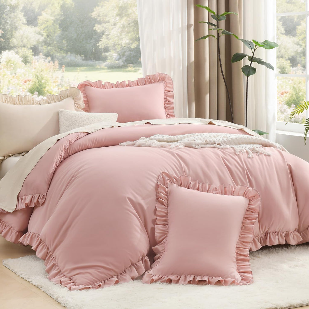 Full Comforter Sets, 3 Pieces Blush Pink Ruffle Girls Women Cute Bedding Comforters & Sets, Lightweight Fluffy
