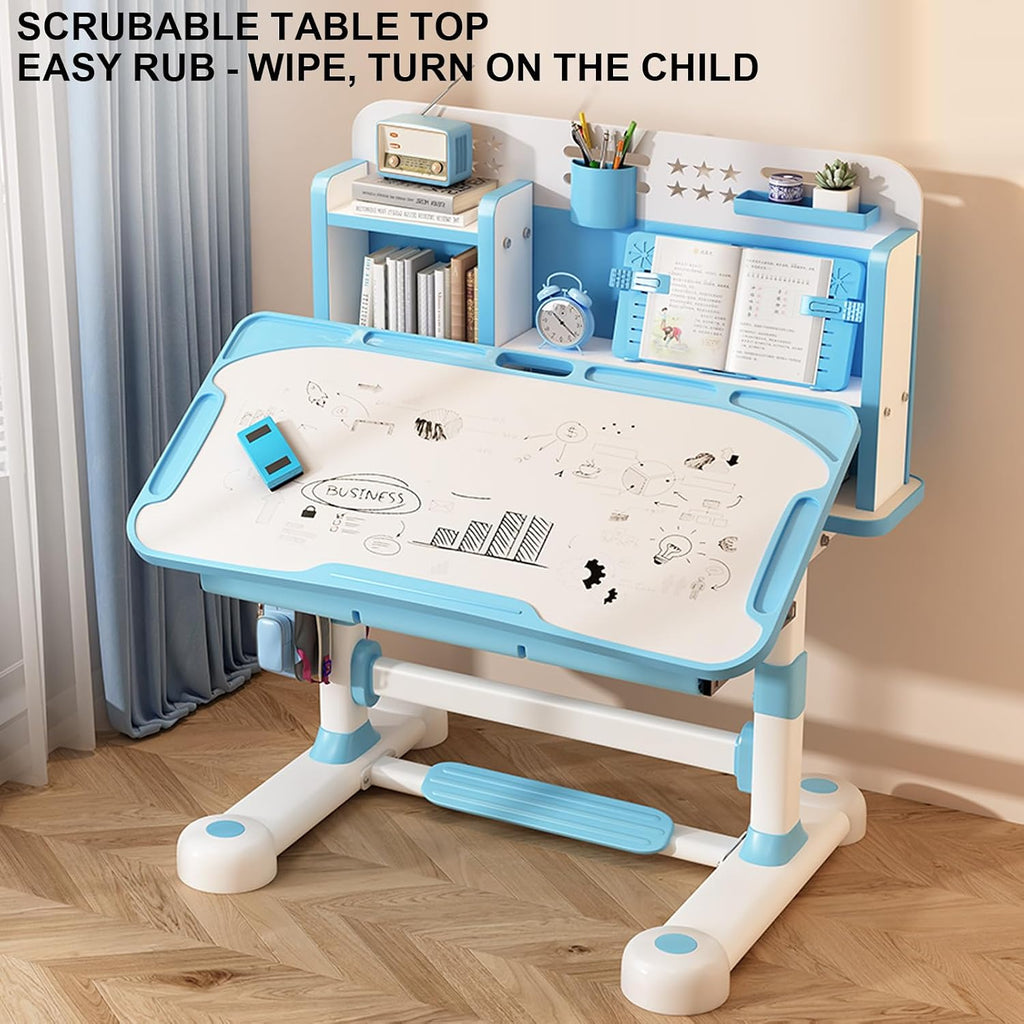 Upgraded Kids Desk and Chair Set, 50 Degree Tiltable&Height Adjustable Kids Desk with Storage Drawers and Bookshelf