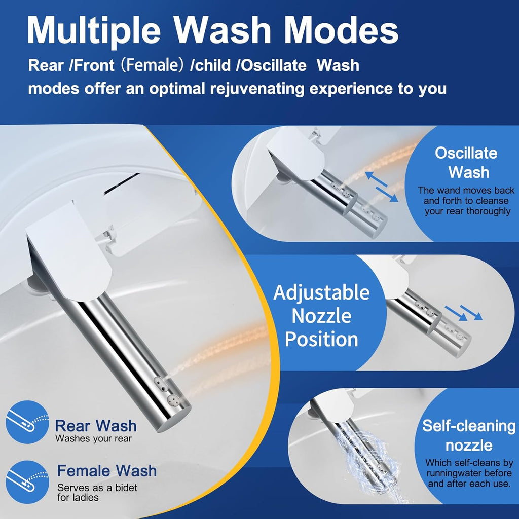 Elongated Electric Bidet Toilet Seat with Heated Seat, Adjustable Warm Water, Warm Air Dryer, Self-Cleaning Nozzle, Dual Control (Remote and Side Panel)