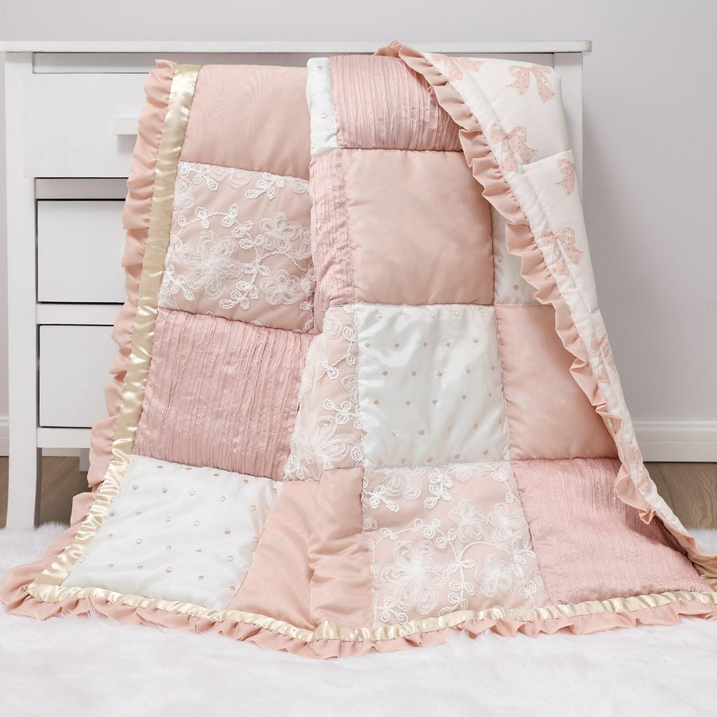 3 Piece Baby Crib Bedding Set for Girls - Cotton Fitted Crib Sheet, Layered Dust Ruffle, Comforter, Newborn, Infant &