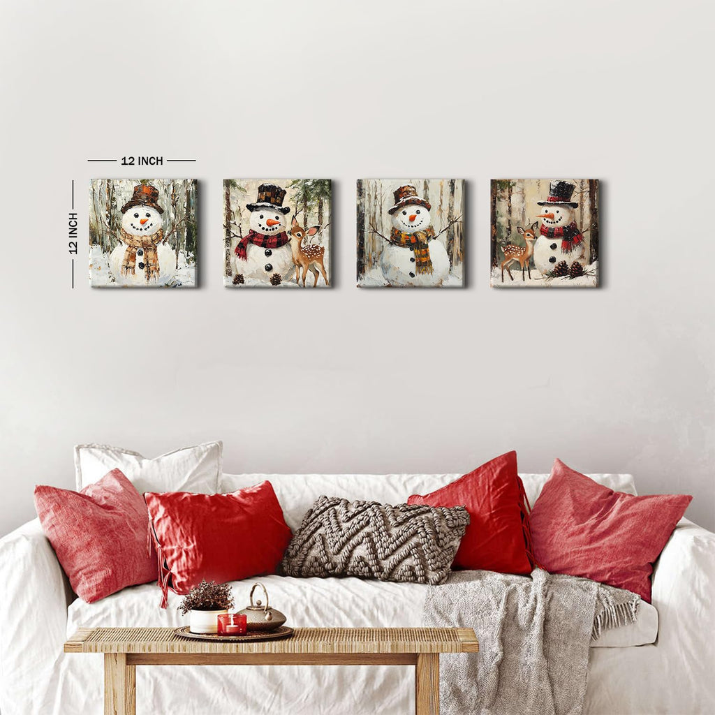 Christmas Snowman Canvas Wall Art Winter Holiday Home Decor Abstract Watercolor Snow Forest Pictures Vintage Snowman