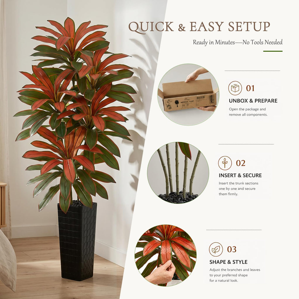 Artificial Red Dracaena Tree 7FT - Fake Tree with Black Tall Planter