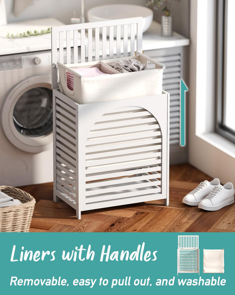 White Laundry Hamper, Laundry Hamper with Lid, 27.3 Gallon (103L) Bamboo Wood Clothes Laundry Basket with Lid and