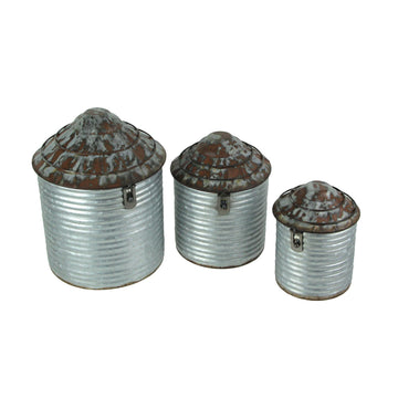 Set of 3 Farm Silo Canisters, 10.75 Inch Tall, Grey Galvanized Zinc Finish