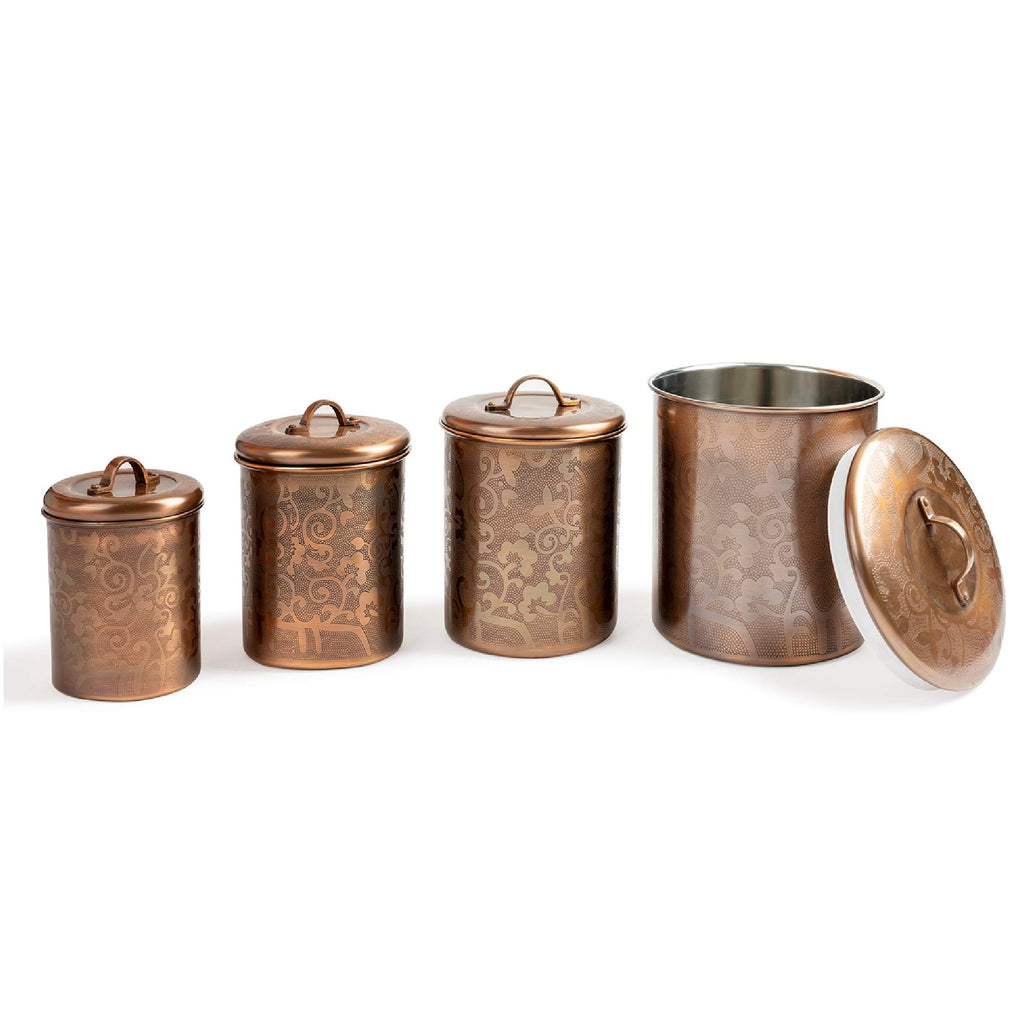 Etched Antique Copper Stainless Steel 4pc Canister Set, Beautiful Food Storage Container Counter, Tea, Sugar, Coffee