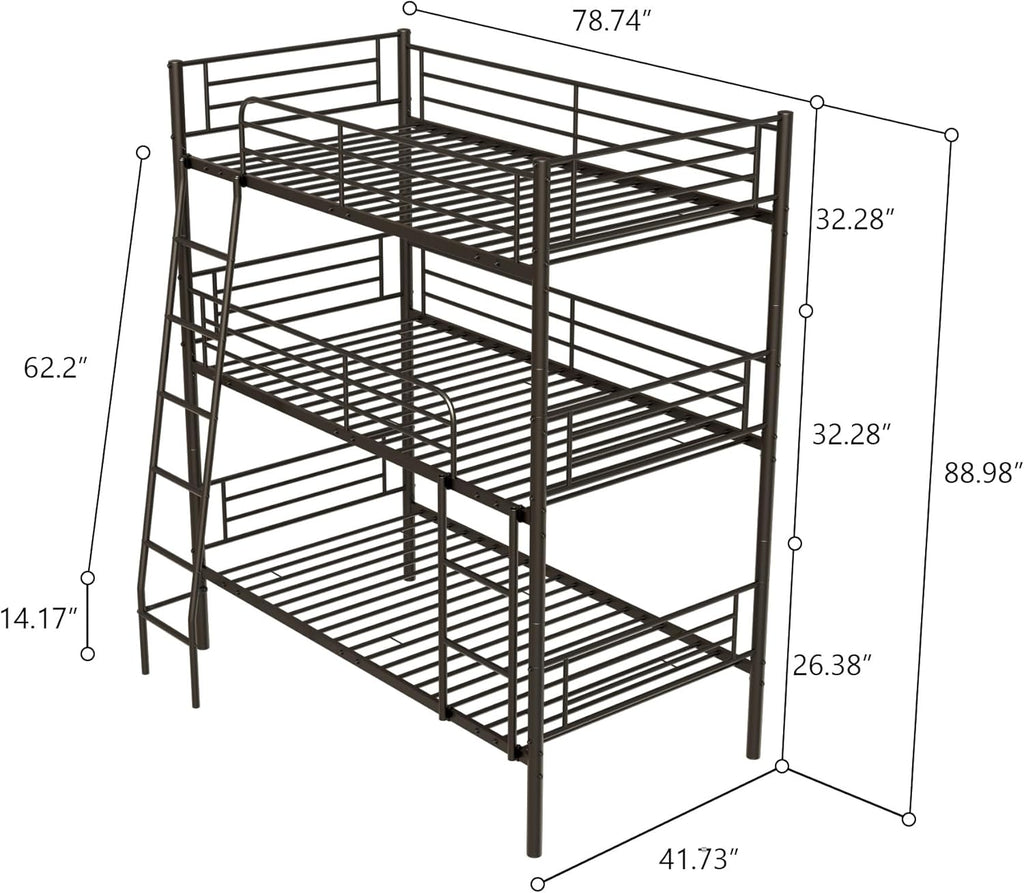 Twin Triple Bunk Bed for 3, bunk Bed for 3 Person, 3 bunk beds for Kids/Adults/Teenagers, Black Split into 3beds