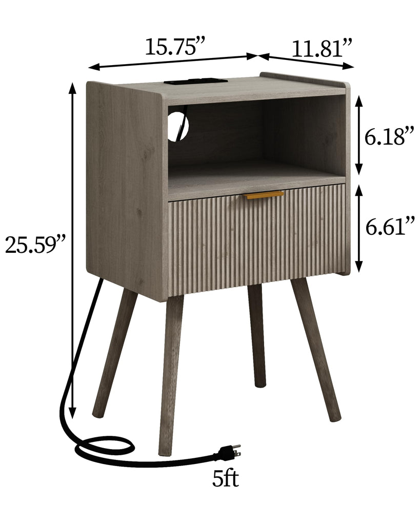 Nightstand with Outlet, Modern Bedside Table with Storage Drawer and Open Wood Shelf, and Small Spaces, Accent Night