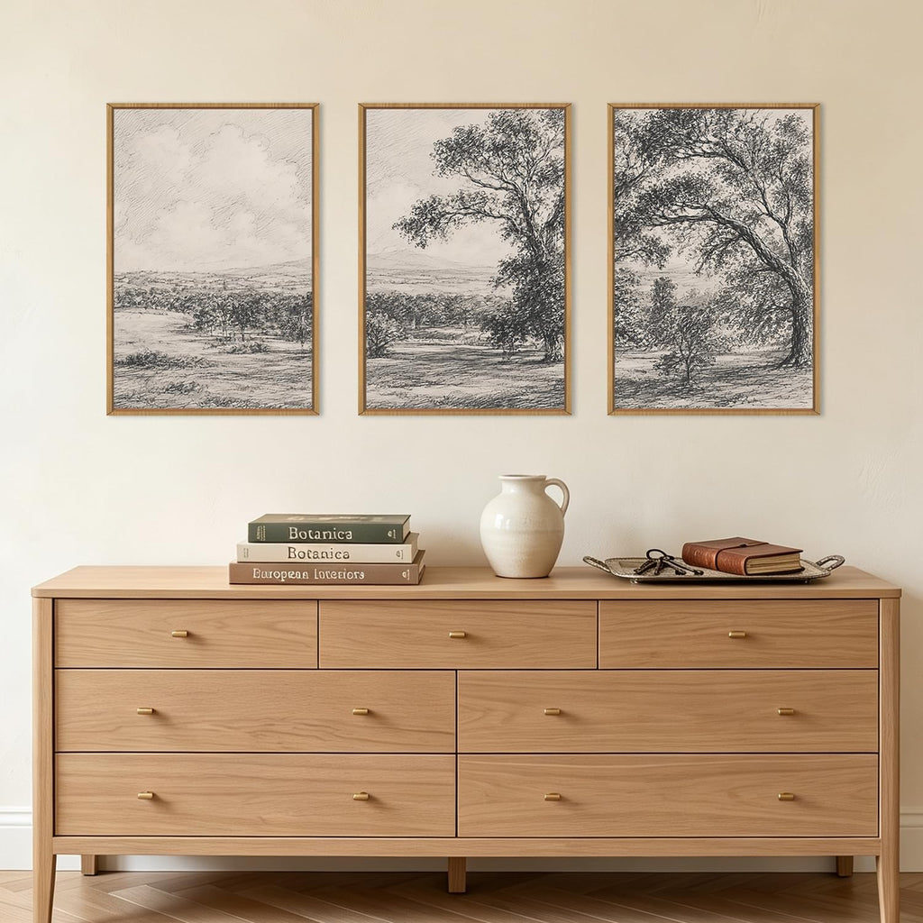 Large Neutral Tree Forest Sketch Framed Wall Art 16x24 Inch Vintage Grey Nature Landscape Canvas Artwork Rustic