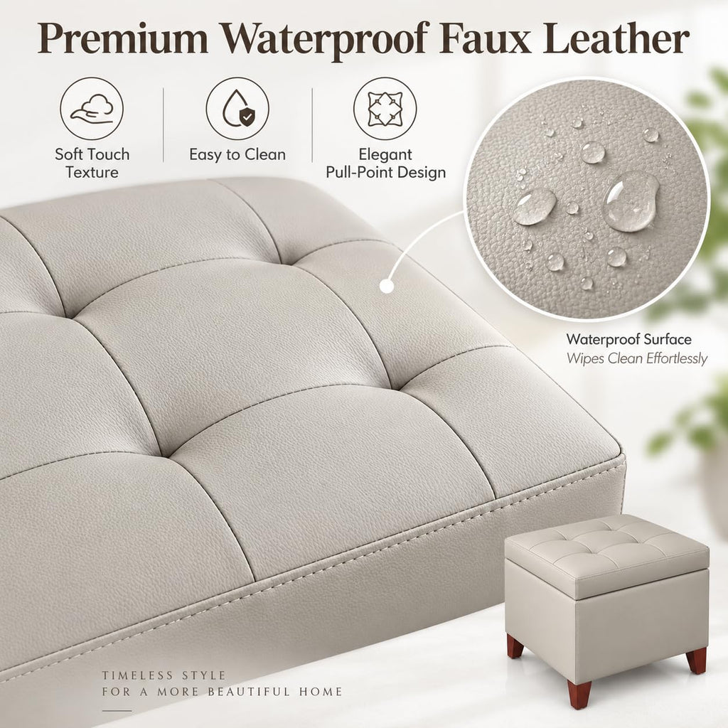 18" Square Storage Ottoman, Premium Faux Leather Lift-Top Footrest & Coffee Table, Modern Upholstered Cube with