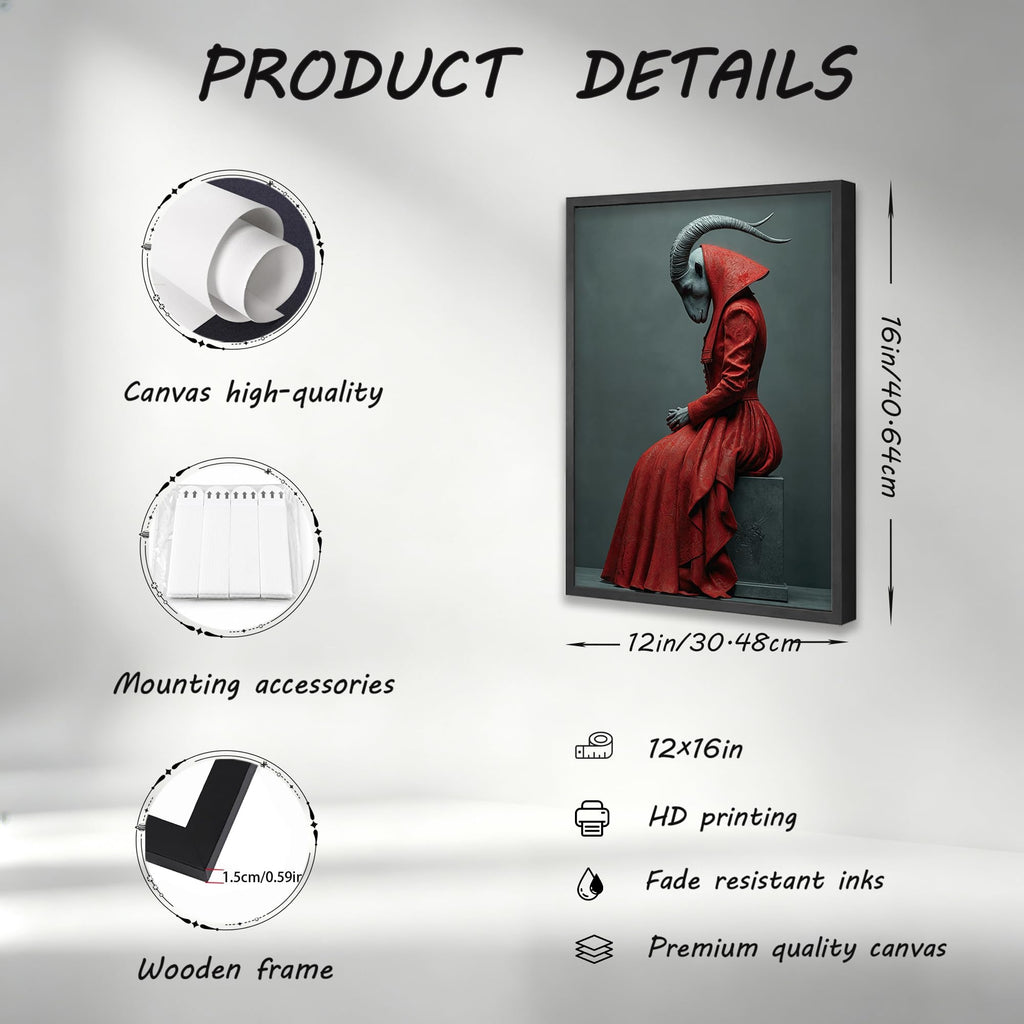 Mystical Goat-Headed Figure in Red Robe Wall Art, Surreal Fantasy Sculpture Print, Dark Gothic Decor for Study or