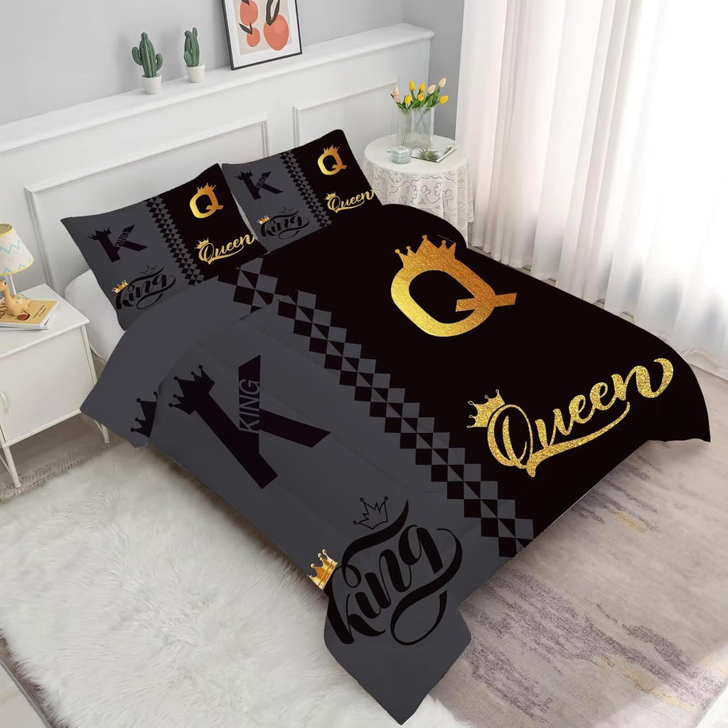 King Queen Crown Comforter Set Full/Queen Black Grey Bedding Set for Teens Women Men Adults Couple Quilt Bedroom Decor