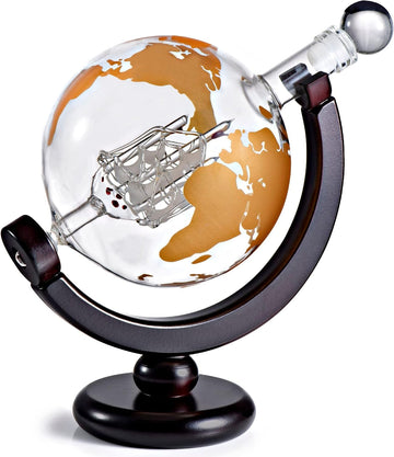 Whiskey Decanter Globe Gift Set - Rich Base Tray - Gold Whiskey Dispenser Airtight Stopper for Wine, Bourbon, Brandy