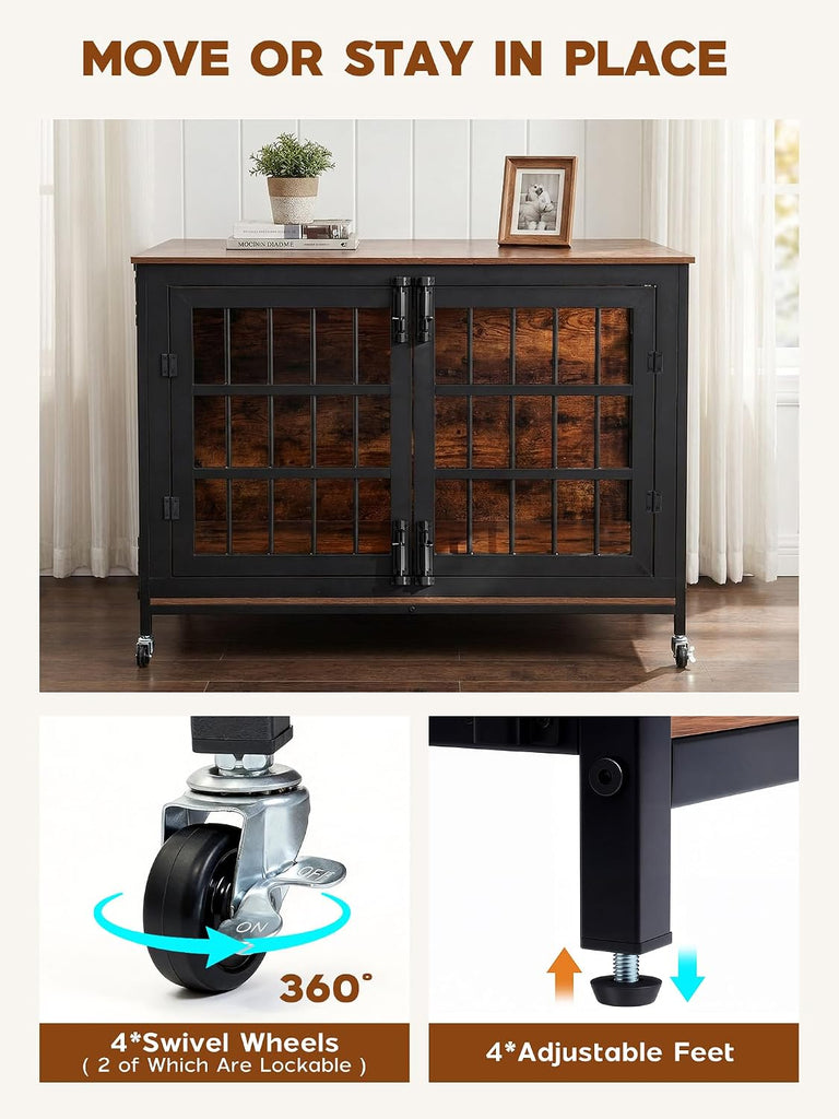 41 Inch Heavy Duty Dog Crate Furniture, Dog Kennel Furniture for Large and Medium Dogs, with Lockable Wheels &