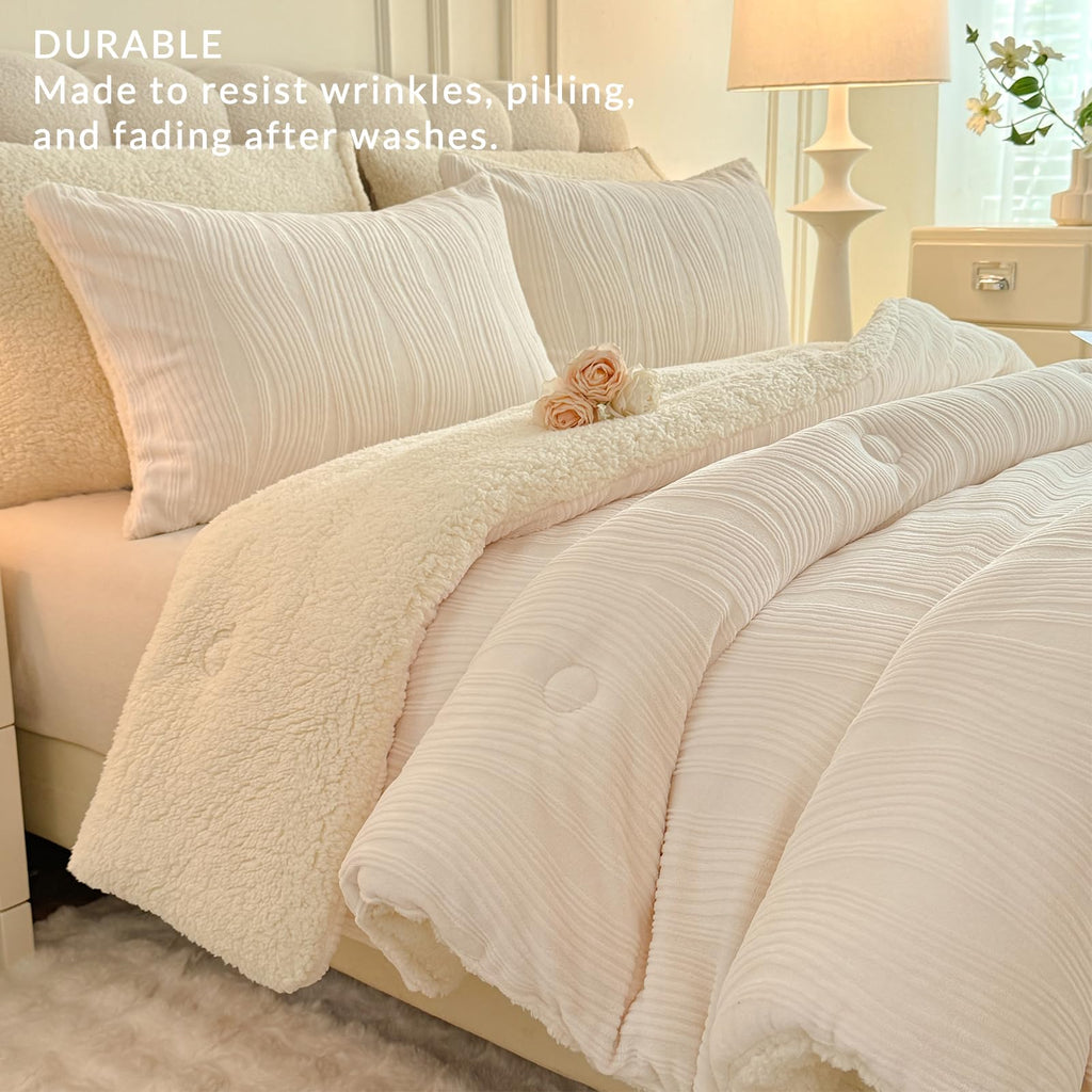 3D Striped Jacquard Sherpa Comforter Set, Geometric Pattern Boho Quilt Bedding 3 Pieces Warm Cozy Fuzzy